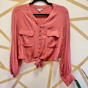 Button tied crop blouse